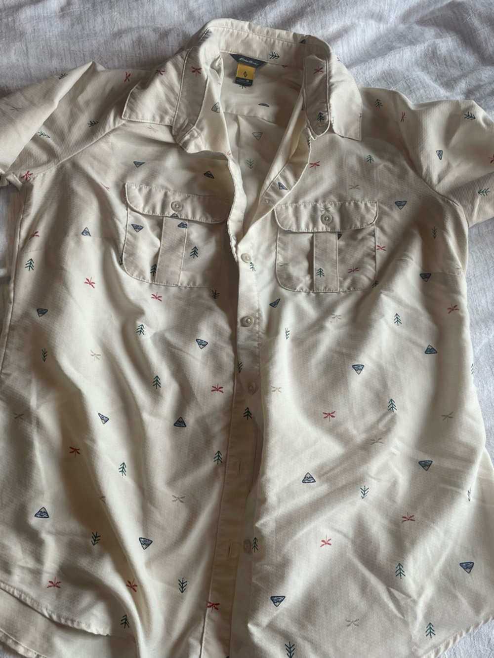 Eddie Bauer White Button-Up Shirt with Small Green Motifs